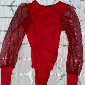 Red Dobby Mesh Sleeve Bodysuit